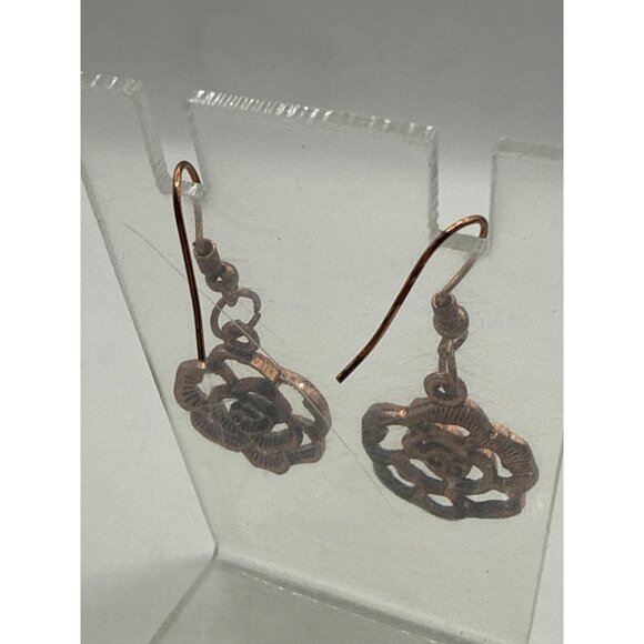 Vintage-Inspired Copper Rose Dangle Drop Earrings Floral Design - Picture 3 of 4